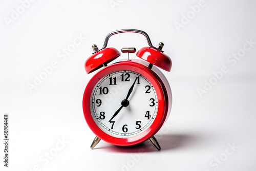 Red alarm clock on a white background with copy space. Created with Generative AI Technology