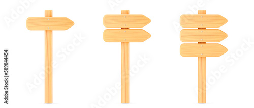 3d wooden arrow direction road signs set isolated on white background. Render of wood arrow crossroad sign for right direction and street, one way concept. 3d cartoon simple vector illustration