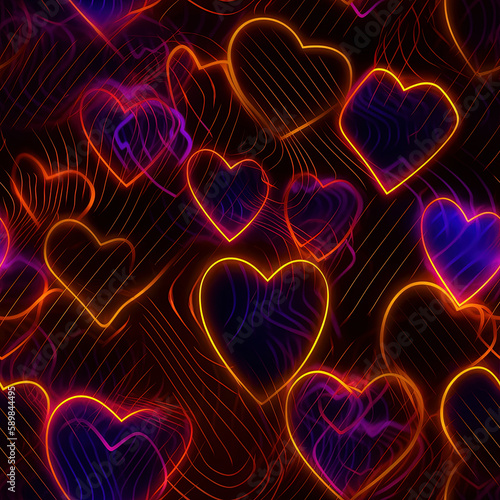 AI generated tileable glowing hearts against dark  background
