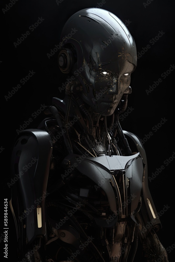 Naklejka premium Dark AI robot portrait. generative ai