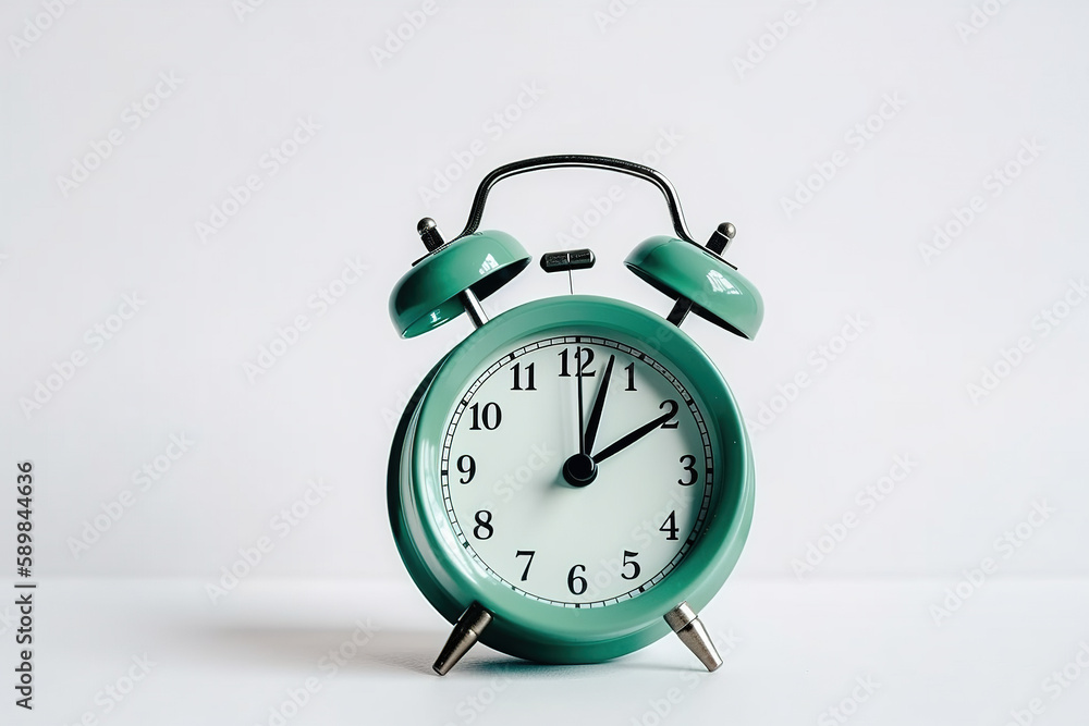 green alarm clock on a white background with copy space. Created with Generative AI Technology green alarm clock on a white background with copy space. Created with Generative AI Technology