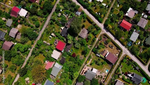 Aerial top down of small urban gardens Kleingarten plots in Schoneberg Berlin Germany