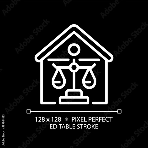 Property law pixel perfect white linear icon for dark theme. Real estate legal owning. Housing regulation by legislative. Thin line illustration. Isolated symbol for night mode. Editable stroke