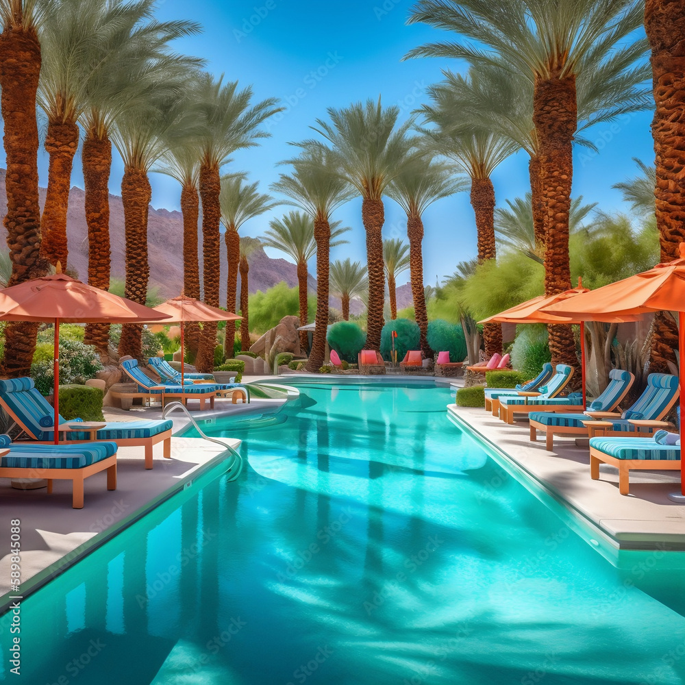 Ein Pool in einer Wüstengegend mit Palmen