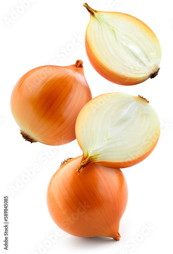 Onion bulbs isolated. Whole golden onion bulb and a half on white background. Falling onion. Full depth of field.