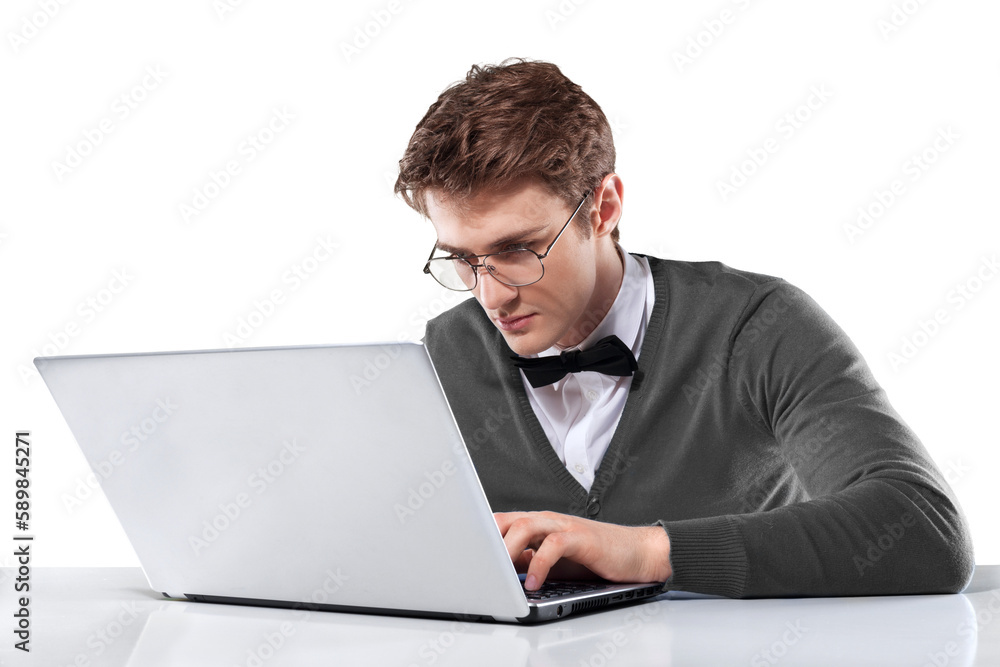 Caucasian man in glasses using of laptop computer Caucasian man in glasses using of laptop computer