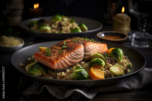 Baked salmon with roasted Brussels sprouts and quinoa, generative ai