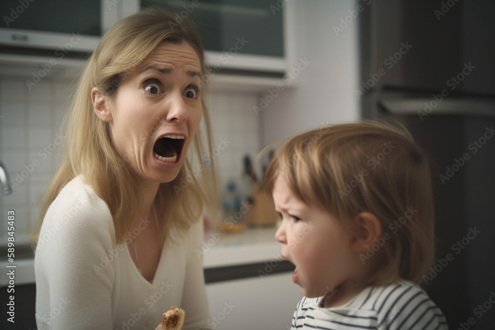 Angry mother screaming at her little son in the kitchen at home, Generative AI Angry mother screaming at her little son in the kitchen at home, Generative AI
