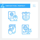 Law protecting human rights pixel perfect gradient linear vector icons set. Equality in justice system. Thin line contour symbol designs bundle. Isolated outline illustrations collection