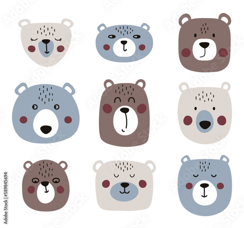 Cute bear portraits. Designs for baby clothes, greeting cards, posters. Vector flat illustration