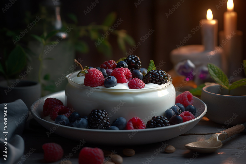 Greek yogurt with mixed berries and honey, generative ai Greek yogurt with mixed berries and honey, generative ai