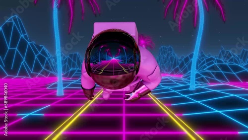Astronaut Flying Through Grid Landscape With Palms Trees and Mountains. 80s Style Retro Sci-Fi Background. Video Game. Virtual Reality Concept. 4K