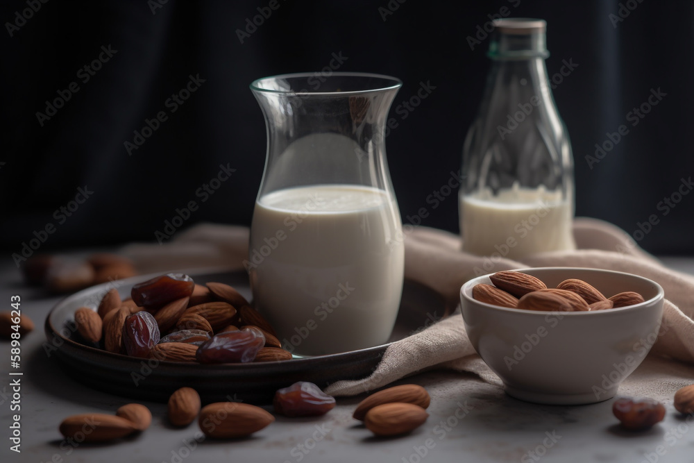 Homemade almond milk with vanilla and dates, generative ai Homemade almond milk with vanilla and dates, generative ai