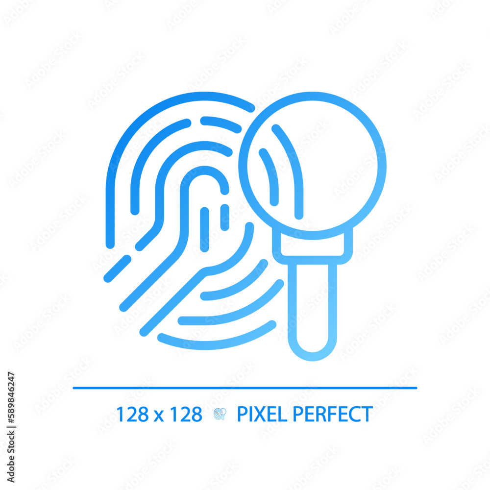 Crime investigation pixel perfect gradient linear vector icon. Studying fingerprint with magnifying glass. Evidence. Thin line color symbol. Modern style pictogram. Vector isolated outline drawing Crime investigation pixel perfect gradient linear vector icon. Studying fingerprint with magnifying glass. Evidence. Thin line color symbol. Modern style pictogram. Vector isolated outline drawing