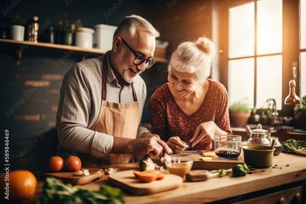 Elderly couple cooking in a kitchen. Generative AI.