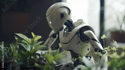 Cute robot tending flowers in a garden. Earth day concept of ai and technology helping environment generative ai