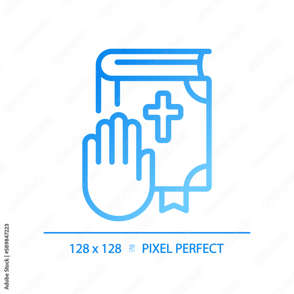 Oath on Bible in law court pixel perfect gradient linear vector icon. Religious ritual in judgement. Promise of witness. Thin line color symbol. Modern style pictogram. Vector isolated outline drawing Oath on Bible in law court pixel perfect gradient linear vector icon. Religious ritual in judgement. Promise of witness. Thin line color symbol. Modern style pictogram. Vector isolated outline drawing