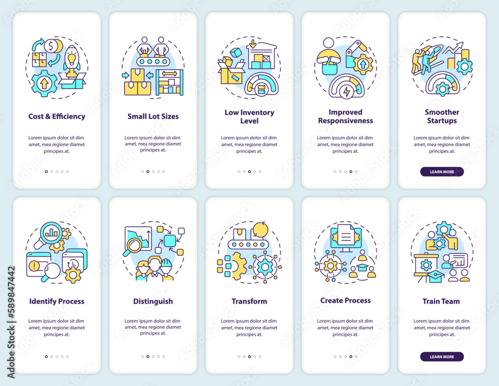 Single minute exchange of dies onboarding mobile app screen set. SMED walkthrough 5 steps editable graphic instructions with linear concepts. UI, UX, GUI template. Myriad Pro-Bold, Regular fonts used Single minute exchange of dies onboarding mobile app screen set. SMED walkthrough 5 steps editable graphic instructions with linear concepts. UI, UX, GUI template. Myriad Pro-Bold, Regular fonts used