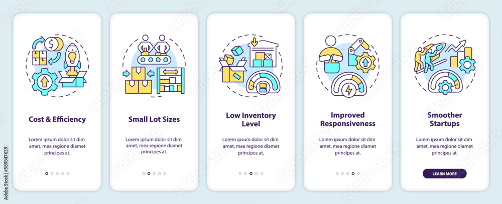 SMED benefits onboarding mobile app screen. Lean production walkthrough 5 steps editable graphic instructions with linear concepts. UI, UX, GUI template. Myriad Pro-Bold, Regular fonts used SMED benefits onboarding mobile app screen. Lean production walkthrough 5 steps editable graphic instructions with linear concepts. UI, UX, GUI template. Myriad Pro-Bold, Regular fonts used