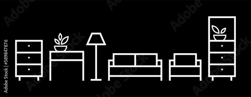 Wallpaper Mural Furniture in vector isolated. Furniture icons. Interior of the room. Continuous line interior with sofa, armchair, lamp, table, wardrobe and bedside table. Contour furniture.  Living room with modern Torontodigital.ca