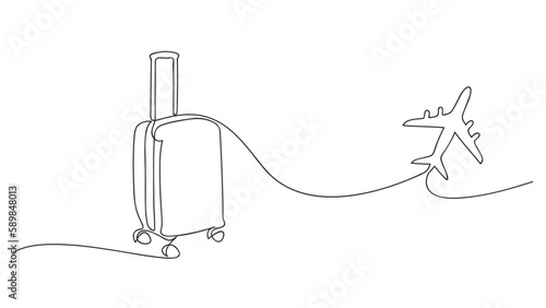 Suitcase and airplane in one continuous line drawing.Traveling. Vector illustration