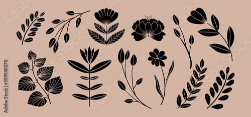 Ornamental flowers and leaves in different shapes. Motif in scandinavian style set. Ethnic flat illustration in black.