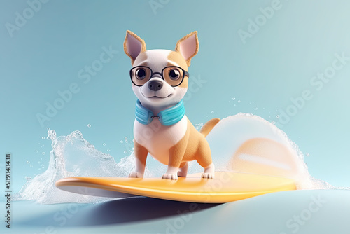 Cute Cartoon Dog on a Surfboard, generative AI © Kien