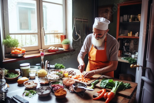  Older man wears apron breakfast cooking in kitchen. Generative AI.