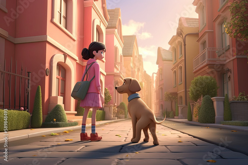 Cute Cartoon Girl Walking her Dog Down the Street of a Neighborhood, generative AI