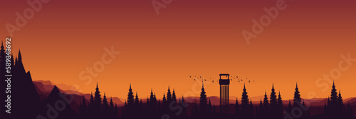 pine tree sunset silhouette nature landscape outdoor vector illustration good for wallpaper, background, backdrop, banner, and design template
