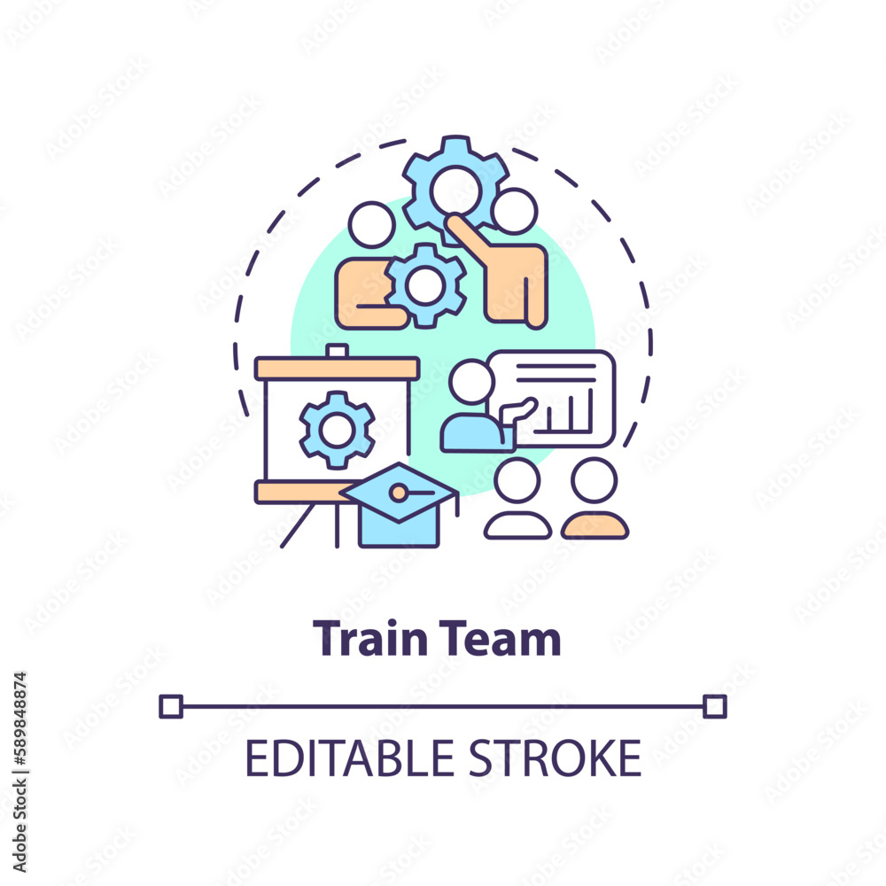 Train team concept icon. Time reduction. Increase productivity. Coaching employees abstract idea thin line illustration. Isolated outline drawing. Editable stroke. Arial, Myriad Pro-Bold fonts used Train team concept icon. Time reduction. Increase productivity. Coaching employees abstract idea thin line illustration. Isolated outline drawing. Editable stroke. Arial, Myriad Pro-Bold fonts used