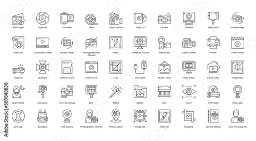 Photography Thin Line Icons Camera Photo Picture Icon Set in Outline Style 50 Vector Icons in Black