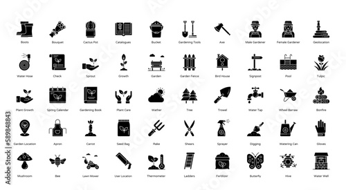 Garden Glyph Icons Gardening Digging Dollar Icon Set in Glyph Style 50 Vector Icons in Black