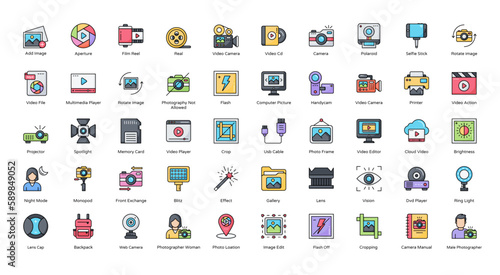 Photography Filled Line Icons Camera Photo Picture Icon Set in Color Outline Style 50 Vector Icons in Black