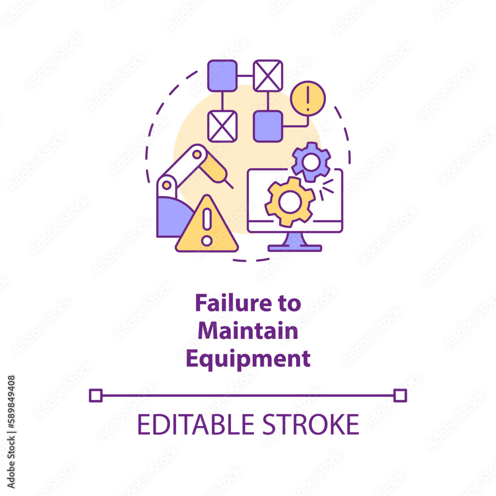 Failure to maintain equipment concept icon. Industrial machine breakdown abstract idea thin line illustration. Isolated outline drawing. Editable stroke. Arial, Myriad Pro-Bold fonts used