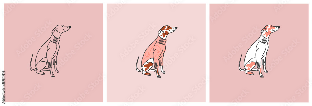 Hand drawn vector abstract graphic line collection set with diverse cute funny cartoon dogs characters.Vector illustration of funny cartoon different breeds dogs in trendy flat style. Line dog icon.