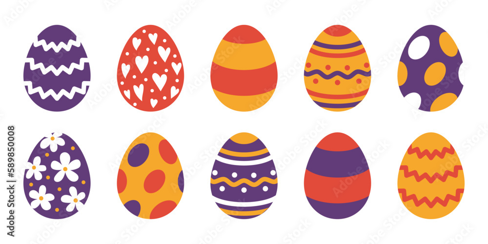 Vector set of easter eggs in purple, orange and red colors. Easter collection in flat design. Egg hunt.