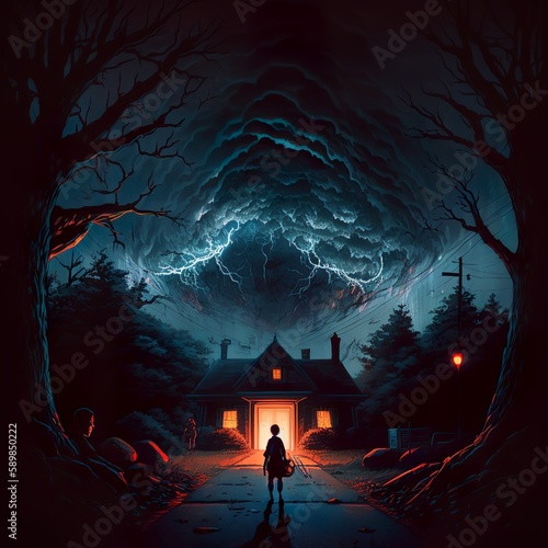 Scary Background Stranger Things Horror Isekai there is a child standing on the street in dark night alone thick clouds torrential rain lamp lighting very boy little shadow stormy Generative AI 