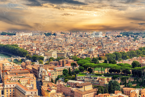 Obraz na płótnie Aerial view of the roofs of Rome main sights at sunset, Italy w salonie