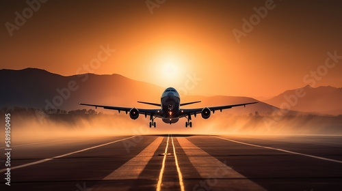 Passenger airplane landing at sunset. Generative AI