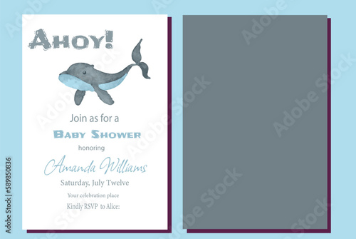 Fototapeta Naklejka Na Ścianę i Meble -  Whale Nautical  themed Blue Boy Baby Shower Invitation