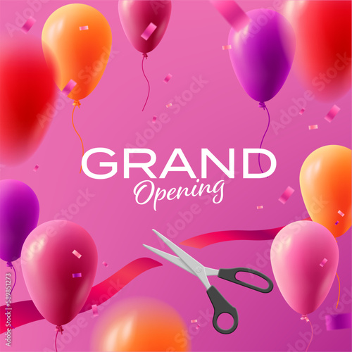 Grand opening banner with 3d illustration of air balloons with confetti with red ribbon cut with scissors, banner promo composition in pink colors