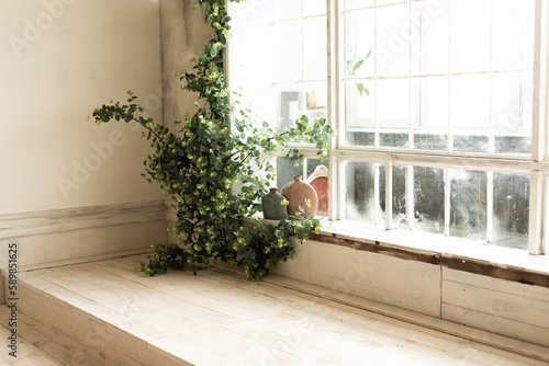 A living room with an old large window and a climbing plant and a wooden terrace with a step next to it