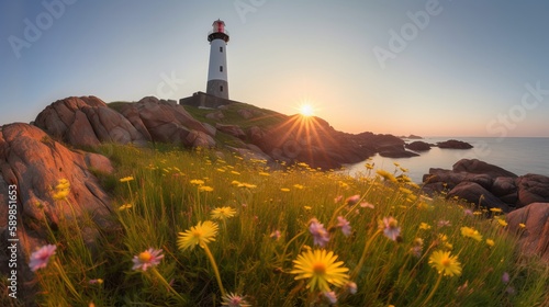 Majestic Lighthouse on a Sunny Coastal Shore with Wildflowers
 photo