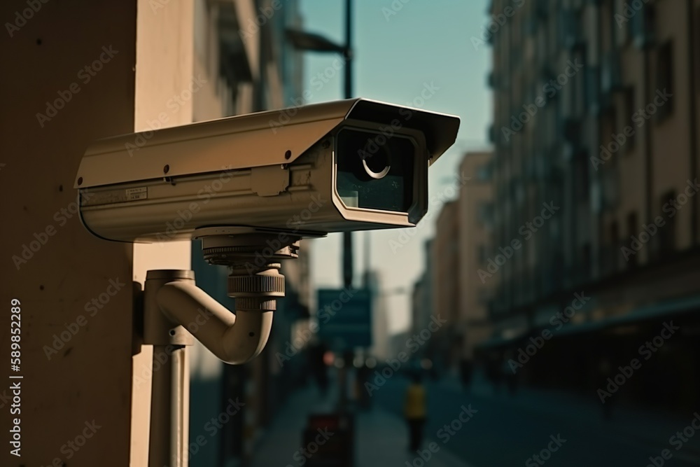CCTV Surveillance camera in city, face detection. Concept collection and use of data on citizens for the purposes of state control. Control over actions