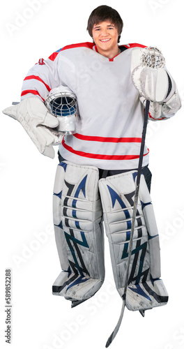 Photography Male ice hockey player in helmet holding hockey stick on a white background