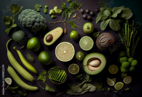 Assorted vegetables and fruits in green shades, including avocado, lime, cabbage, parsley, cucumber, dill, onion, salad, and spinach. Generative AI