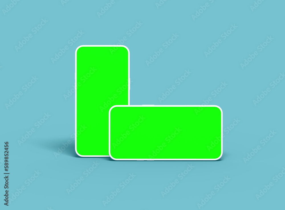 Two white Unbranded Smartphone with green screens that can be easily changed. Design for UI/UX Product Showcase. 3D Render Two white Unbranded Smartphone with green screens that can be easily changed. Design for UI/UX Product Showcase. 3D Render