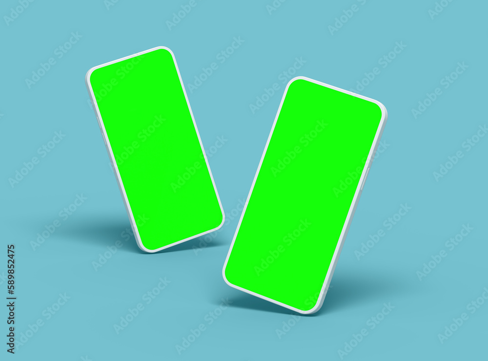 Two white Unbranded Smartphone with green screens that can be easily changed. Design for UI/UX Product Showcase. 3D Render Two white Unbranded Smartphone with green screens that can be easily changed. Design for UI/UX Product Showcase. 3D Render