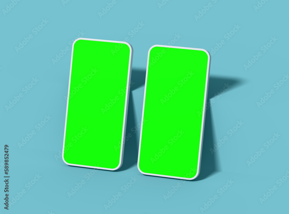 Two white Unbranded Smartphone with green screens that can be easily changed. Design for UI/UX Product Showcase. 3D Render Two white Unbranded Smartphone with green screens that can be easily changed. Design for UI/UX Product Showcase. 3D Render